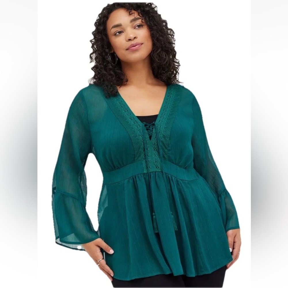 Babydoll Chiffon Crochet Lace-Up Blouse Bell Sleeve Semi Sheer Peasant 4 Plus Sz
